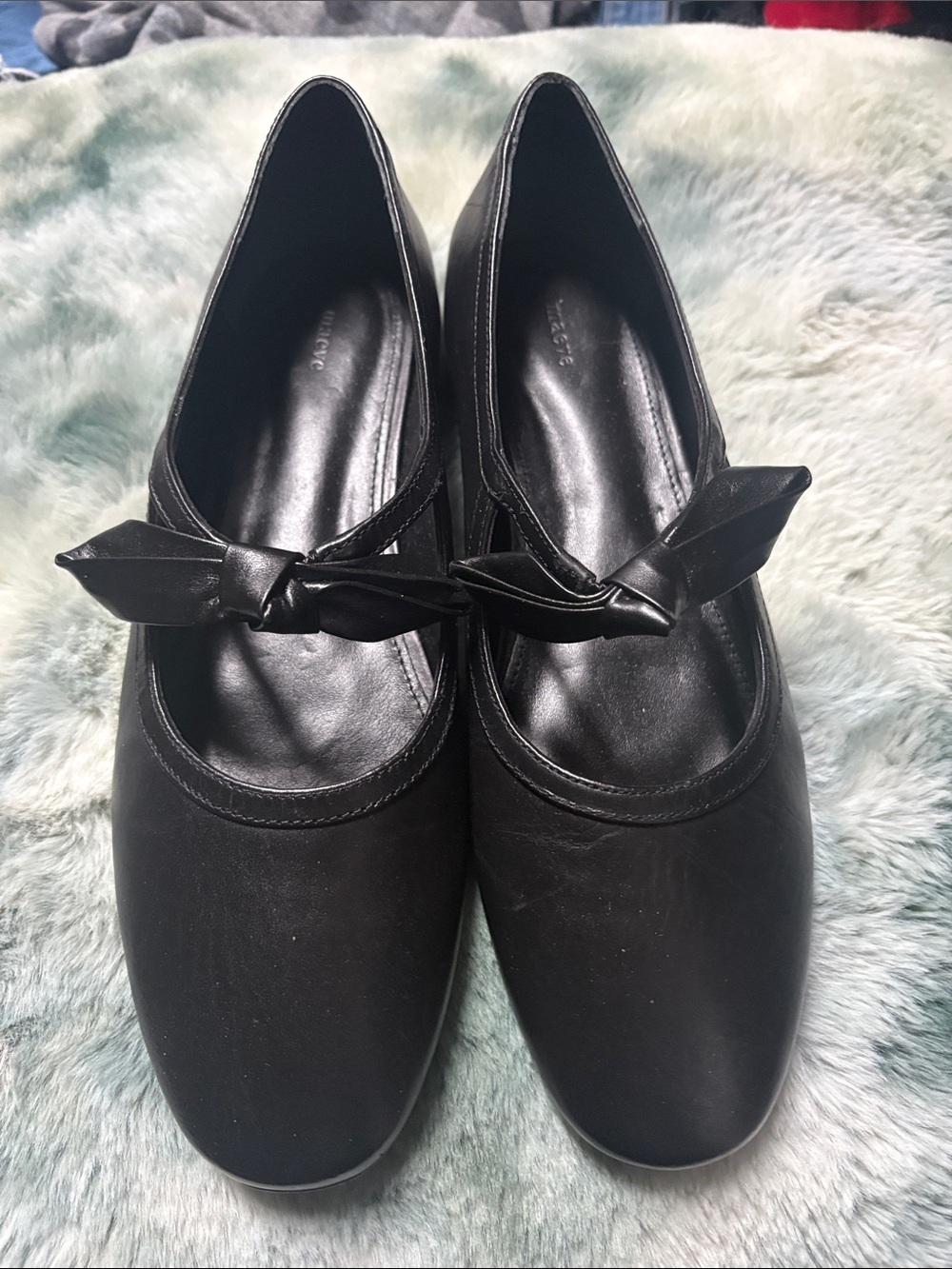 NWOT Maeve Mary Jane Black Bow-Trim Leather Ballet Flats